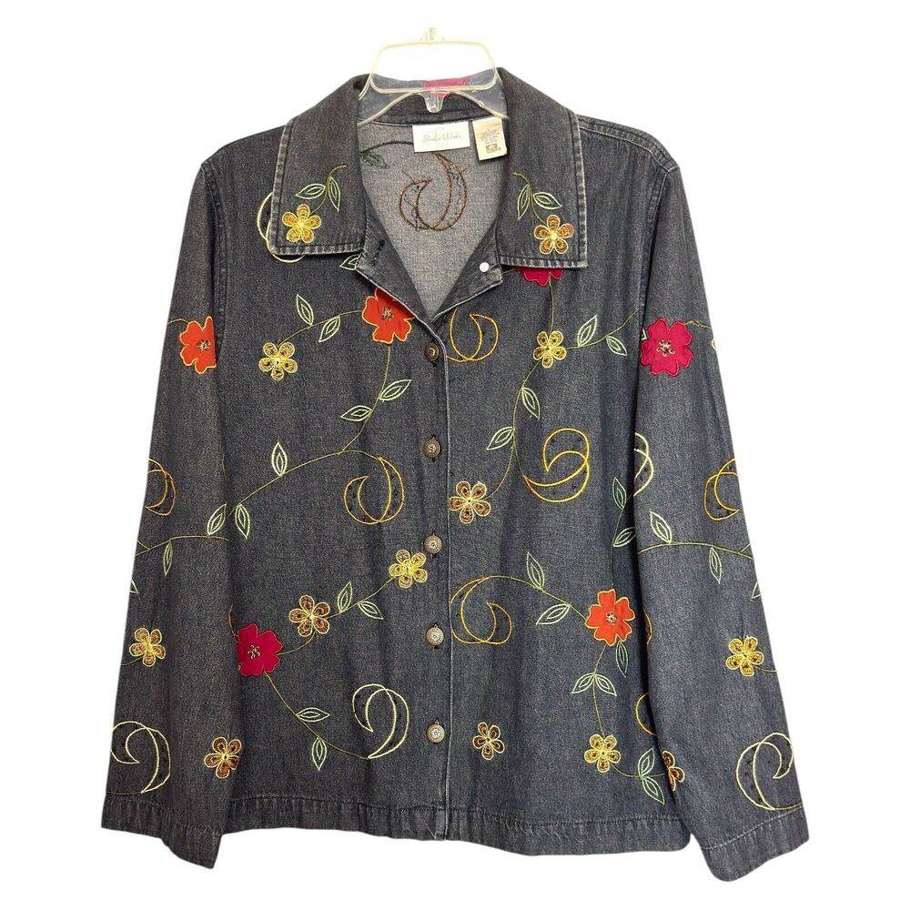 Vintage Embroidered Denim Jacket Gray Floral Beaded L Gray Eclectic